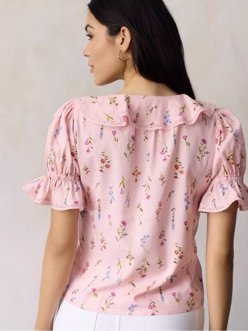 LC Lauren Conrad Blush Pink Floral Ruffle V-Neck Blouse - Picture 2 of 5